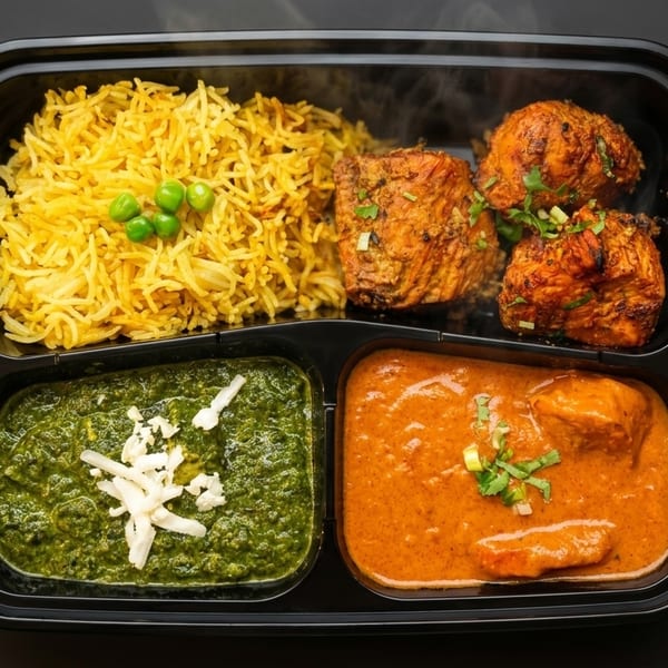 Steaming Indian meal in a black bento box with rice, chicken tikka, palak paneer, and butter chicken.