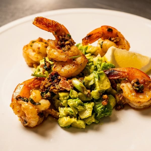 Grilled shrimp with avocado salad and a lemon wedge on a white plate.