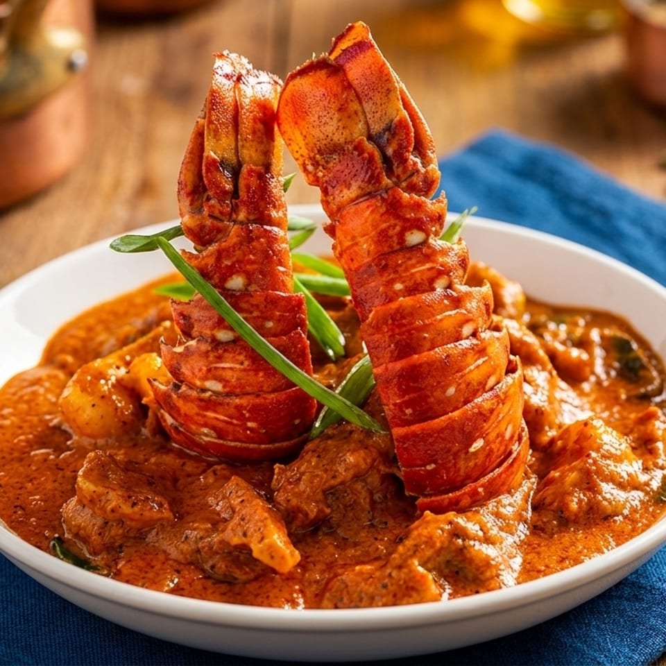 Two lobster tails in a rich orange curry sauce, garnished with green herbs, on a wooden table.