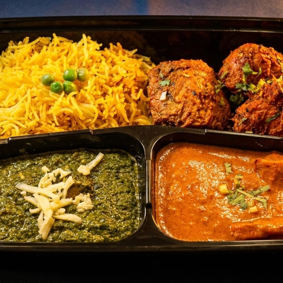 Indian meal prep container with yellow rice, chicken tikka, palak paneer, and butter chicken.