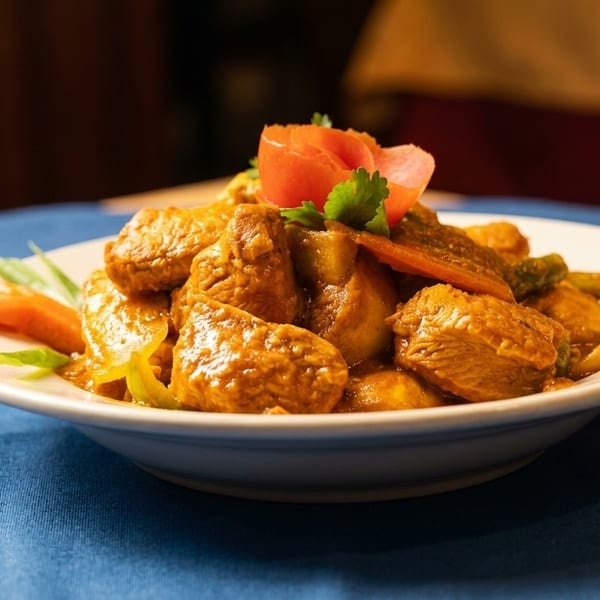 A white bowl filled with chicken curry, garnished with tomato and carrots, on a blue tablecloth.